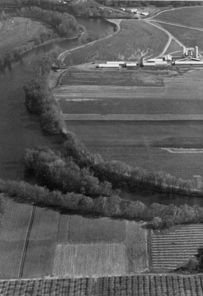 Andrews University farm buildings with St. Joseph River aerial view from the north