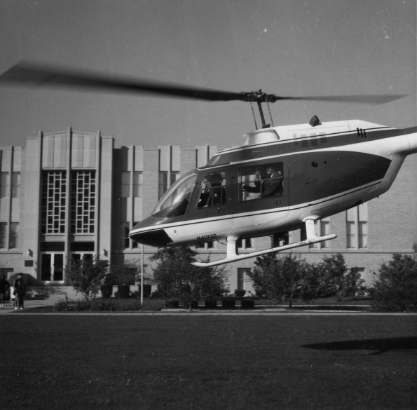 Andrews University Advisory Council Fly-in on a Bell Jet Ranger helicopter