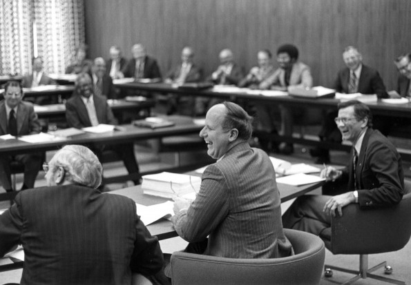 Andrews University president Joseph Grady Smoot at the board of trustees meeting in 1977