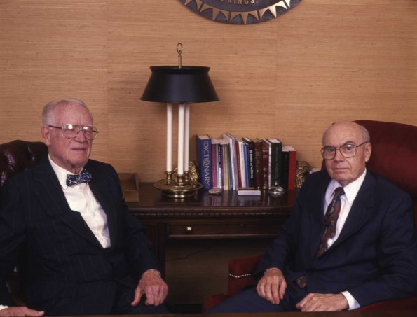 W. Richard Lesher and Floyd Rittenhouse converse at Andrews University president's office