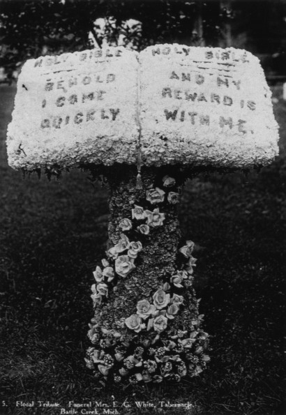 Bible floral tribute at Ellen Gould Harmon White's funeral at Tabernacle, Battle Creek, Michigan