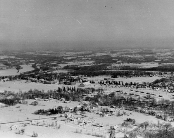 Andrews University aerial view from the south-west in winter with snow