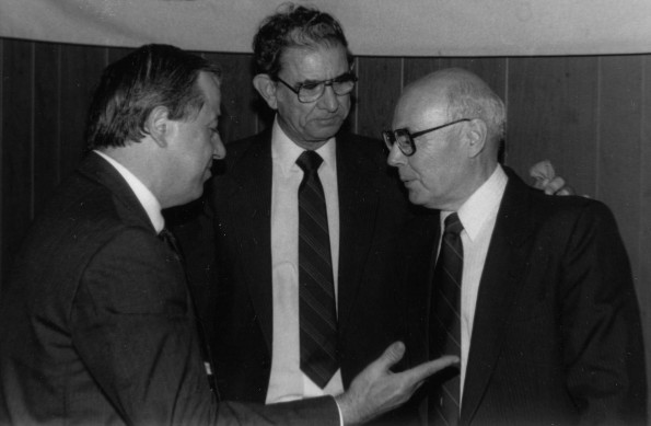 Andrews University president W. Richard Lesher, General Conference President Neal C. Wilson, and Trinity University in Texas president Ronald Calgaard