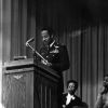 Colonel Leonard W. Johnson, Jr. speaks in Johnson Gymnasium at Andrews University