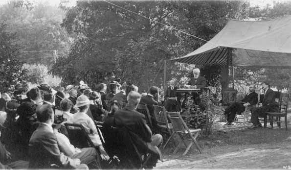 [John Loughborough speaking at the California memorial service for Ellen G. White]