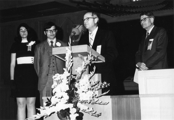 [Richard Hammill speaking during Andrews University's 1971 alumni homecoming]