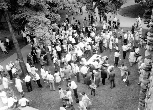 Andrews University alumni having watermelon at the Michigan Camp Meeting