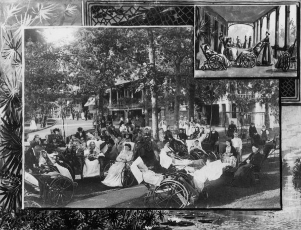 Battle Creek Sanitarium patients in wheelchairs congregate outdoors