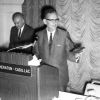 Ralph Waddell, 1966 Andrews University Alumnus of the Year, holds a pen holder presented to him at the Alumni reunion luncheon at the Sheraton-Cadillac Hotel, Detroit, Michigan, 1966