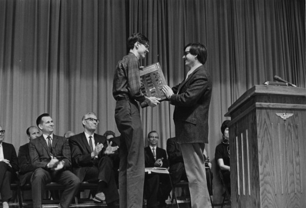 [Carsten Thomsen receives an award as the outstanding student broadcaster of the year for WAUS]