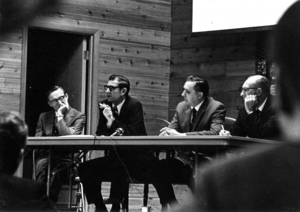 [Erich Herber speaks at a discussion forum at Andrews University]