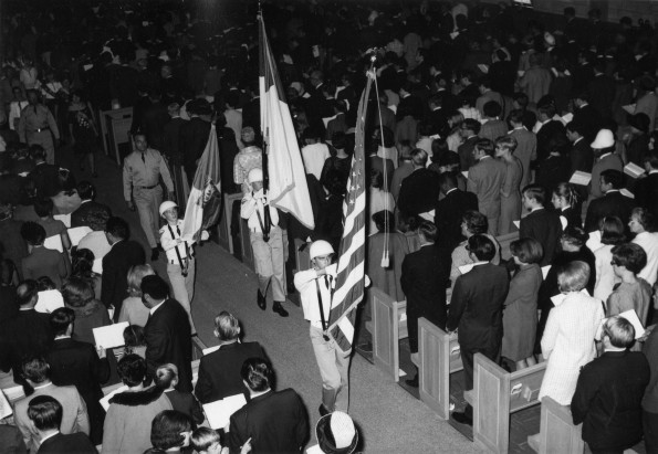 [Pathfinders marching out of Pioneer Memorial Church]