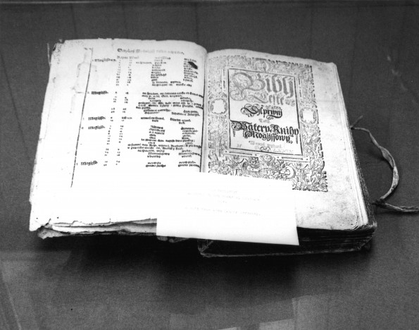 [An Old Testament written in the Bohemian Language in 1579 on display in the Andrews University Heritage Room]