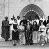 [Andrews University students in international clothing for a special offering during the 1972 alumni homecoming]