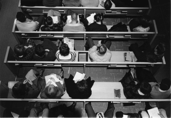 [Chapel service at Pioneer Memorial Church as seen from the balcony]