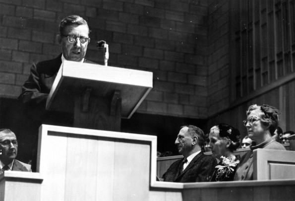 [Warner McClure introducing the dedicatory address speaker for the James White Library Dedication]