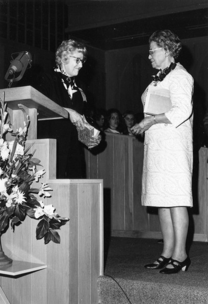 [Agnes Sorenson receiving an award as alumna of the year at Andrews University's 1972 alumni homecoming]