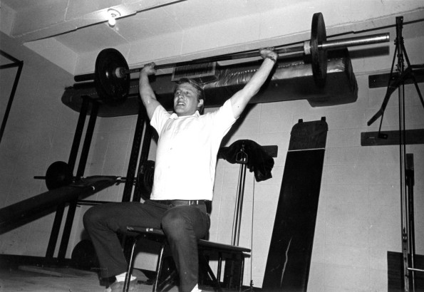 [Member of Andrews University's Barbell Club in midlift]