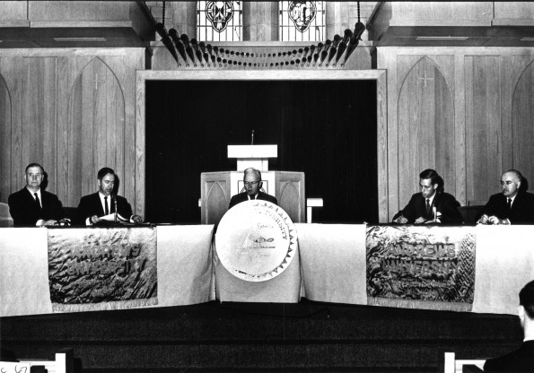 A panel discussing religious liberty at Pioneer Memorial Church on Homecoming Weekend