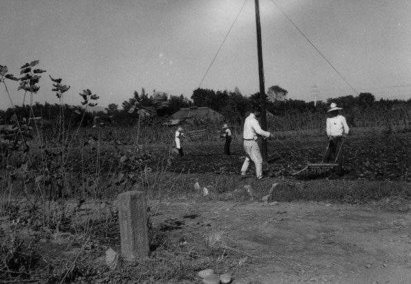 Chinese farmers sifting soil