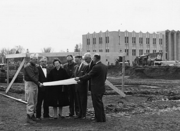 [Andrews University staff gathered at the groundbreaking of the new James White Memorial Library]