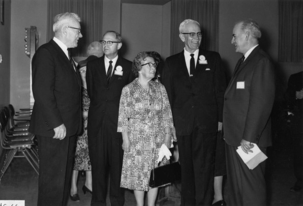 Richard L. Hammill and F. E. J. Harder chatting with Mr. and Mrs. Frederick Mote, Alumni Homecoming speaker for 1966