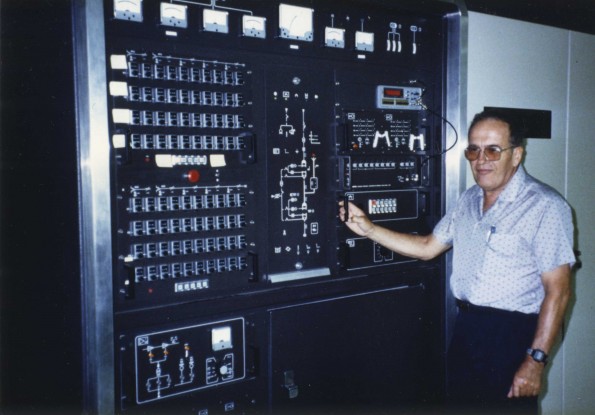 [Don Myers, chief engineer from 1987-1991, with 100,000 watt Thomson transmitter at Adventist World Radio-Asia in Guam]