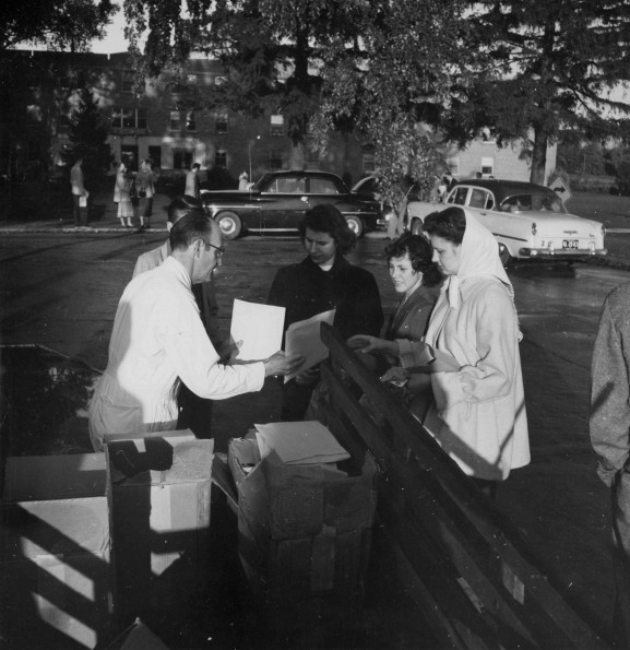 [Claude Davis giving ingathering information to students in 1953]