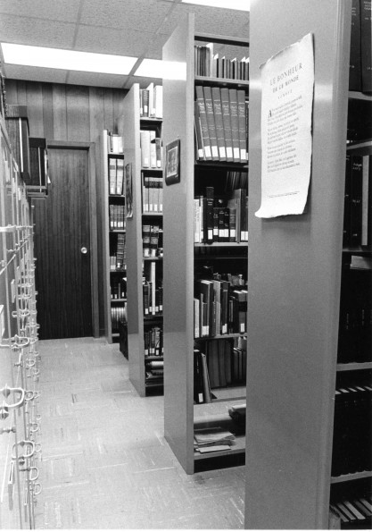 [Part of the library stacks at the James White Library]