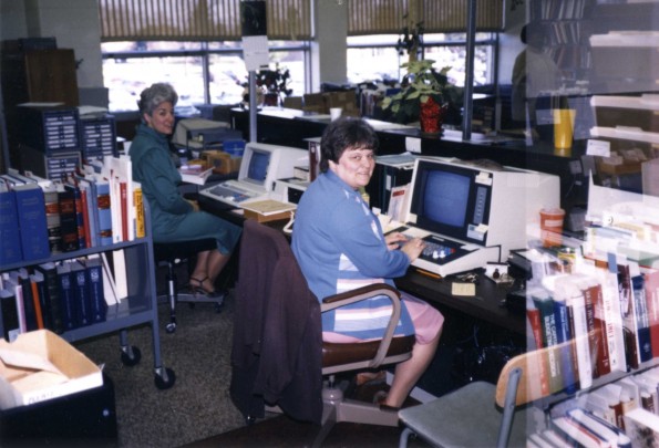 [Karen Oviatt and Sandra White of the James White Library Acquisitions Department]