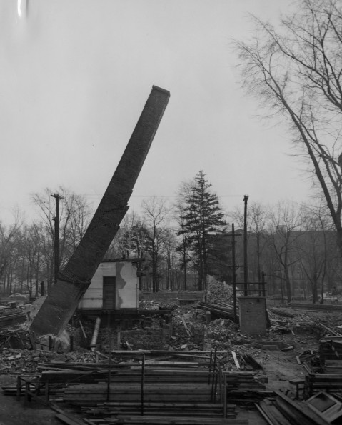 Battle Creek College chimney toppling following the demolition of the 78 year old building