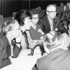 [Edwin and Elsie Buck talking with C. N. Keiser, his wife, and others at the 1972 Andrews University alumni weekend luncheon]