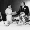 Andrews University alumna of the year, Ruth Murdoch, receives a gift from alumni president, Leif Kr. Tobiassen, at the alumni buffet luncheon
