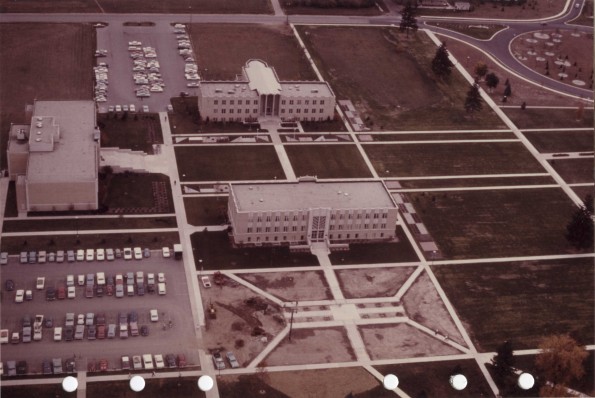 [Aerial view of Andrews University campus in 1966 before landscaping in front of the Administration Building was completed]