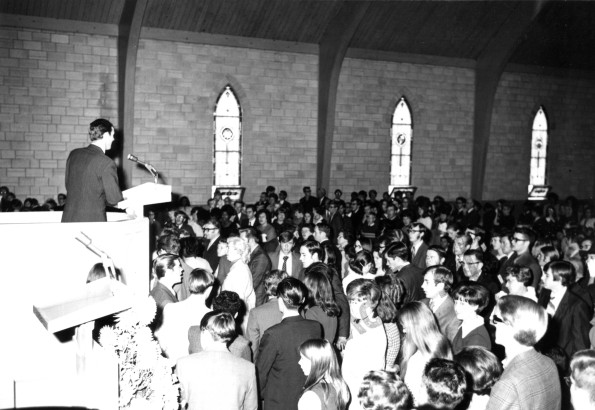 [Mike Stevenson speaking at Pioneer Memorial Church of Seventh-day Adventists]