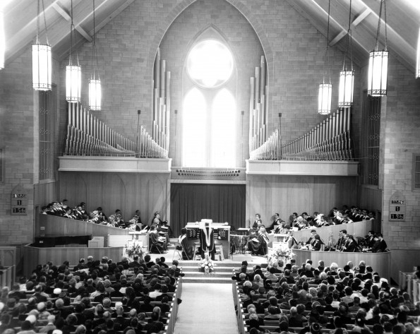 [C. Warren Becker plays the organ at a dedication service at Pioneer Memorial Church]