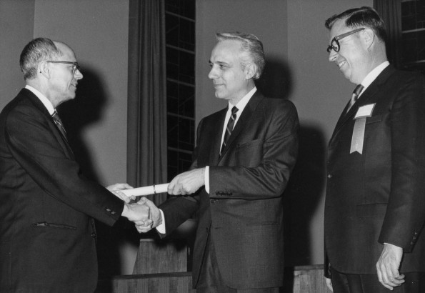 George Vandeman presented with the  Outstanding Alumnus Preacher  citation by Andrews University president, Richard Hammill, and alumni association president, James Barclay