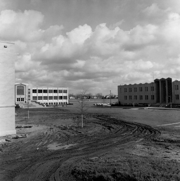 James White Library and the Seventh-day Adventist Theological Seminary buildings shown from the construction site of Administration building
