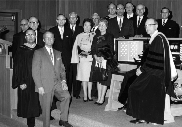 [Gathering of Andrews University staff at the Pioneer Memorial Church organ dedication]