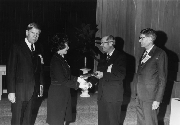 [Elsie Landon Buck receiving alumni of the year award at Andrews University's 1973 homecoming]