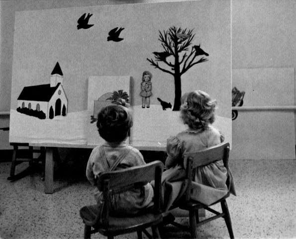 [Kindergarten students with felt board in Sabbath School at Pioneer Memorial Church]