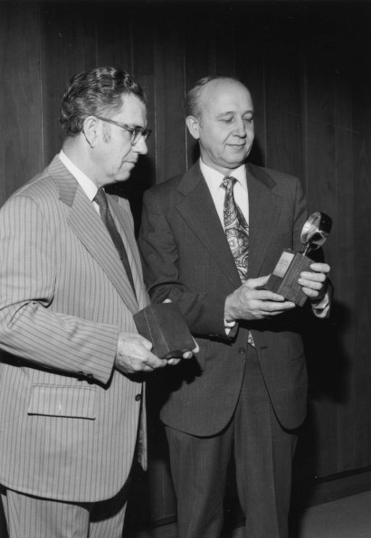 [Andrews University employees James Morss and Wilbur Hainey receive service awards]