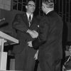 [Charles Perrault presents the organ keys to H. A. Morel at the organ dedication in Pioneer Memorial Church]