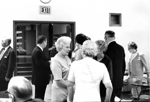 Mrs. Horace J. Shaw having a chat with alumni of Andrews University at Homecoming