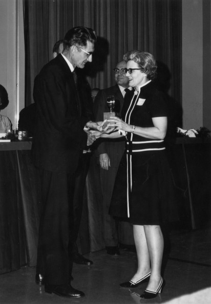 [Arlene Frested receives an award at the Andrews University 1972 Faculty-Staff-Board banquet]