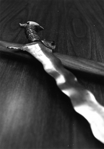 [A dagger that belonged to a Moro tribesman, pictured in the Heritage Room within the James White Library]