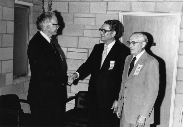 [Horace John Shaw greets Otto Arrndal and Lester Sevener at the 1973 Andrews University alumni weekend]