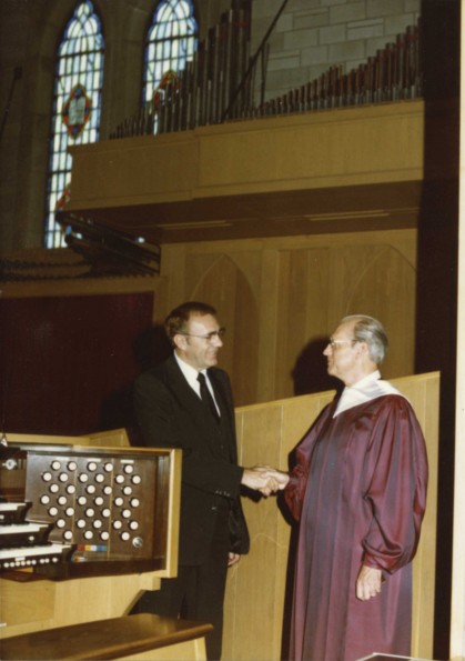 [John A. Kroncke welcoming Warren C. Becker back to Pioneer Memorial Church after a two year leave]