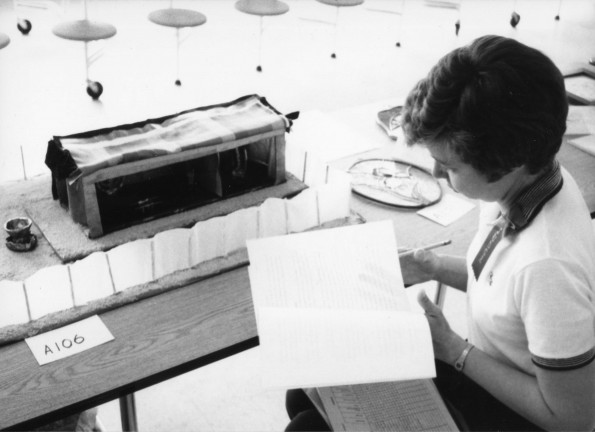 Marti Schneider judging one of the student's projects at the Pathfinder Education Fair in Alexandria, LA