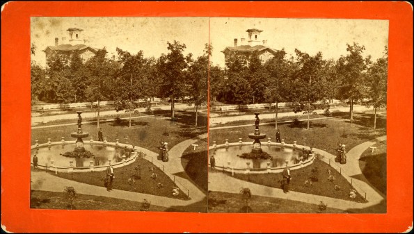 Battle Creek views : Battle Creek Sanitarium fountain with Battle Creek College building in the background